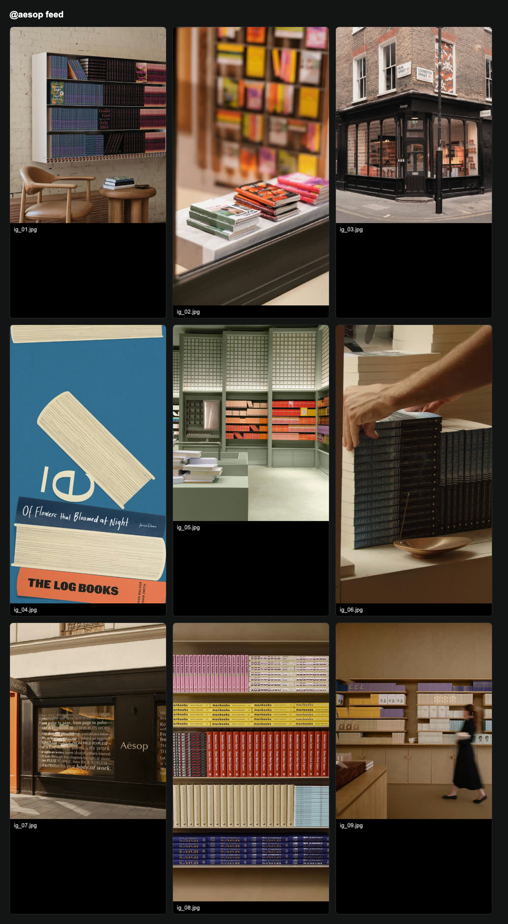 Nine recent posts I pulled from the real @aesop Instagram feed