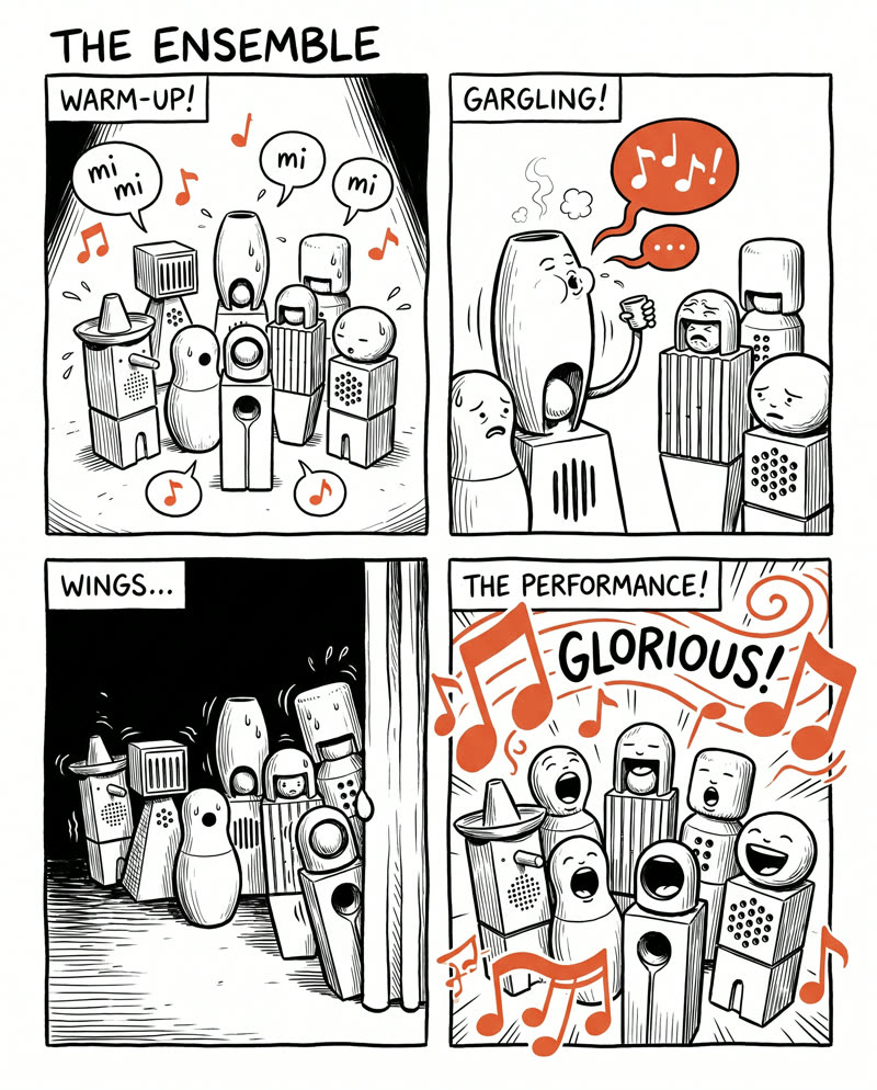 the ensemble, illustrated (B/W comic); a direction I rendered for real for Teenage Engineering