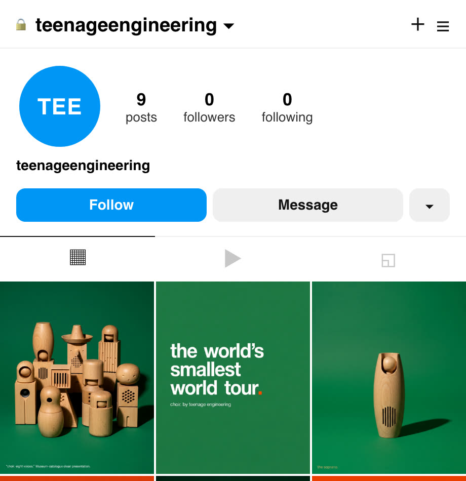 A finished nine-post Instagram feed previewed as a real profile, produced end to end as unsolicited spec work for Teenage Engineering.